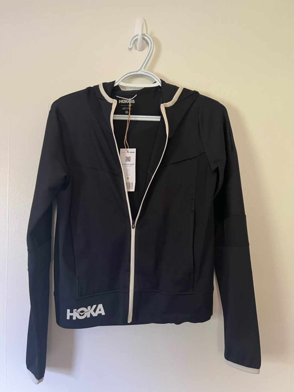 Hoka Black Hooded Zip Jacket with White Trim